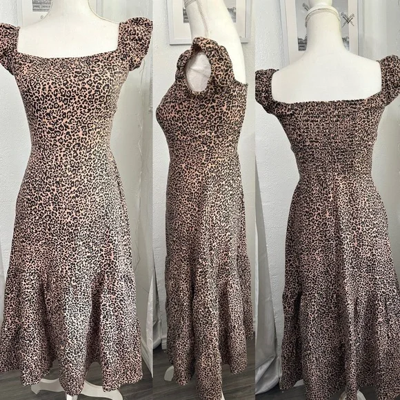 Reformation Toulouse Linen Off Shoulder Leopard Print Midi Dress size 4 - Picture 6 of 10